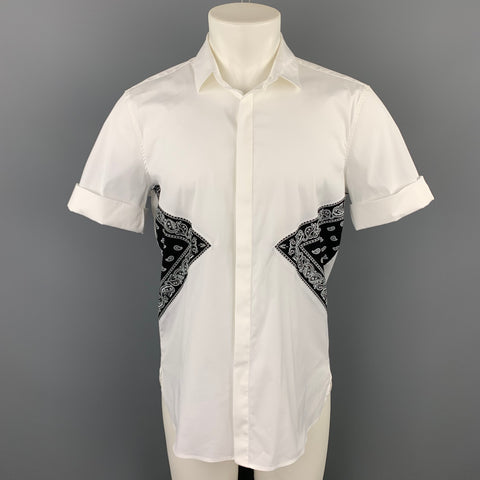 NEIL BARRETT Size L White & Black Mixed Fabrics Cotton Blend Short Sleeve Shirt