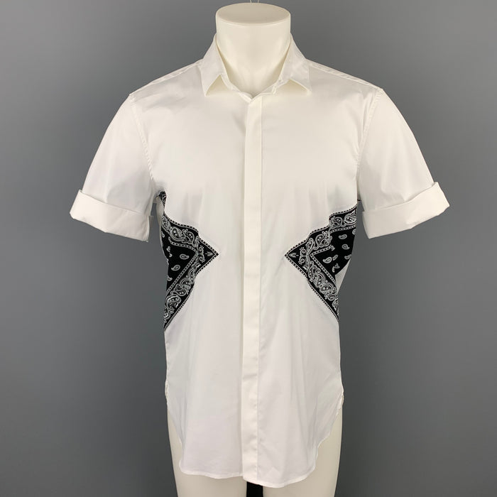 NEIL BARRETT Size L White & Black Mixed Fabrics Cotton Blend Short Sleeve Shirt