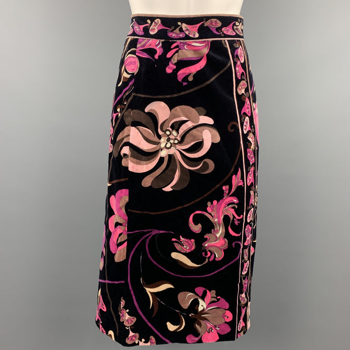 Vintage EMILIO PUCCI Size M Black & Pink Floral Velvet A-Line Skirt
