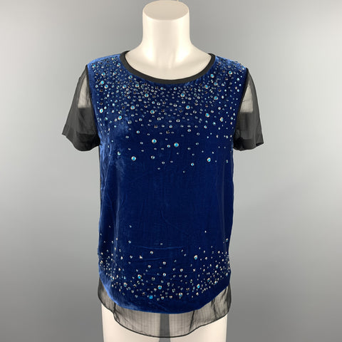 DIANE VON FURSTENBERG Taille 6 Blouse superposée en rayonne / soie strass noir et bleu