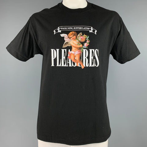 PLEASURES Taille L T-shirt à col rond en coton graphique noir