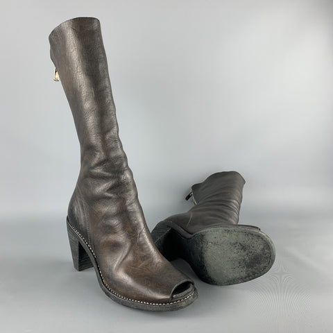 GUIDI Size 7 Brown Leather Horsehide Heeled Peep Toe Boots