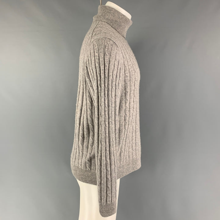 SAKS FIFTH AVENUE Size S Grey Cable Knit Cashmere Turtleneck Sweater