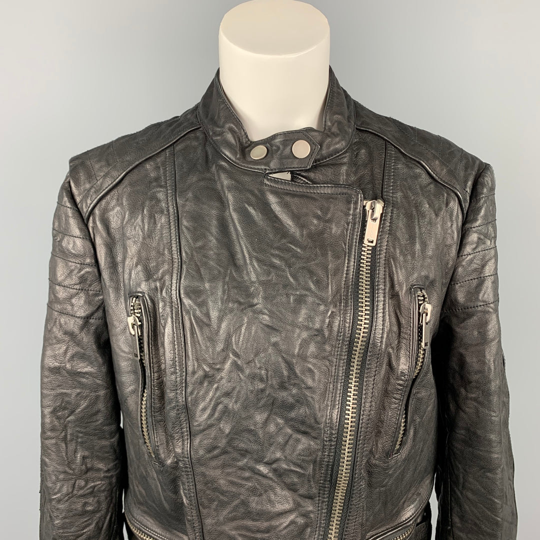 RALPH LAUREN Taille XL Veste de moto en cuir texturé noir