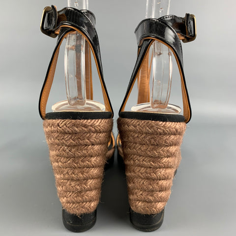 LANVIN Size 8 Black & Tan Patent Leather Espadrille Wedge Sandals