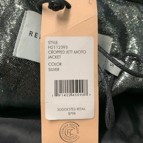 REBECCA MINKOFF Taille S Veste de motard métallisée en cuir argenté