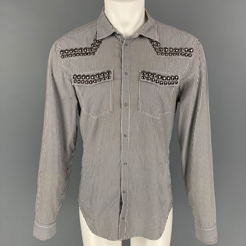 PIERRE BALMAIN Size M Black White Silver Stripe Cotton Long Sleeve Shirt