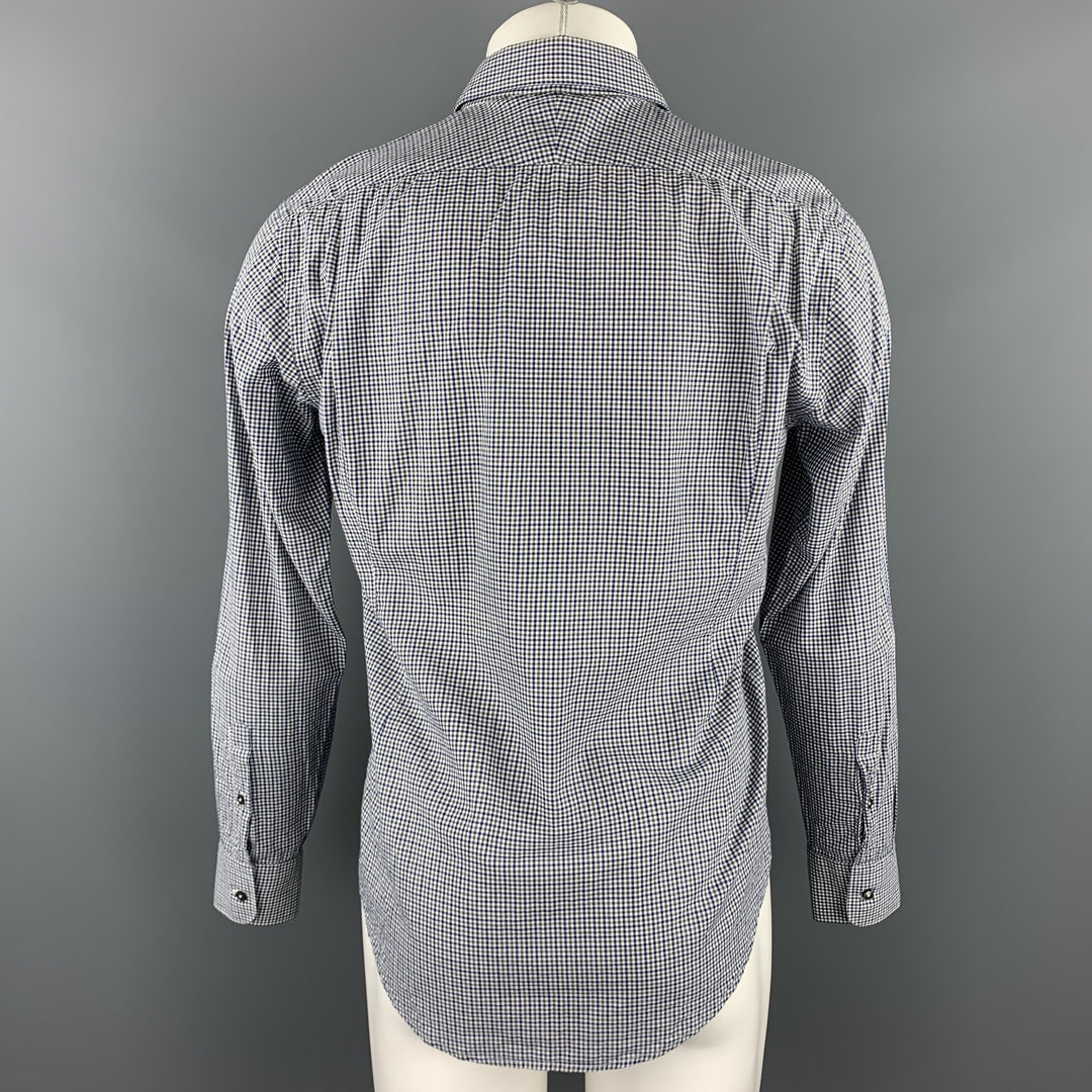 SIMON SPURR Size L Navy & White Checkered Cotton Button Up Long Sleeve Shirt