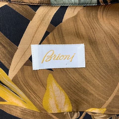 BRIONI Size L Brown & Black Floral Rayon Button Down Short Sleeve Shirt