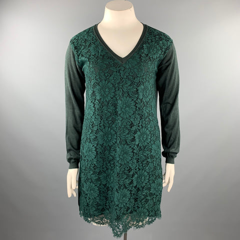 VALENTINO Size L Dark Green Lace Wool Blend Tunic Dress