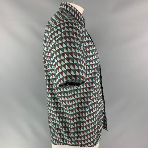 PRADA Size L Green &  Brown Geometric  Button Down Short Sleeve Shirt