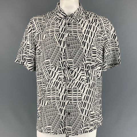 ALEXANDER WANG Size L White & Black Logo Silk Camp Short Sleeve Shirt
