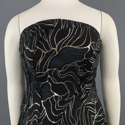 RUBIN SINGER Size 14 Black & Gold Floral Wool Blend Strapless Bustier Evening Gown