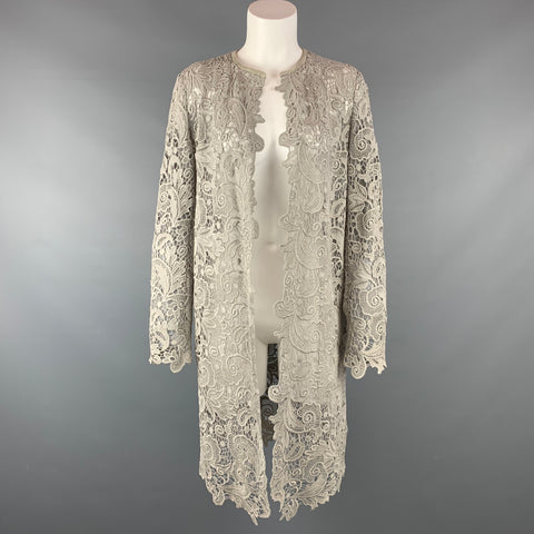 RALPH LAUREN Black Label Talla 10 Cárdigan con ribete de cuero de algodón con textura de encaje gris claro