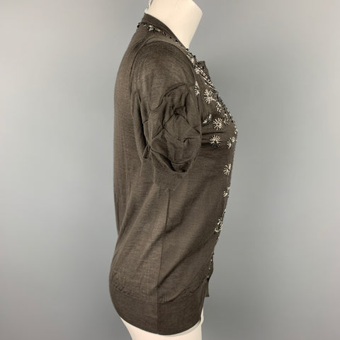 SACAI Size 2 Olive Beaded Cashmere Blend Buttoned Cardigan