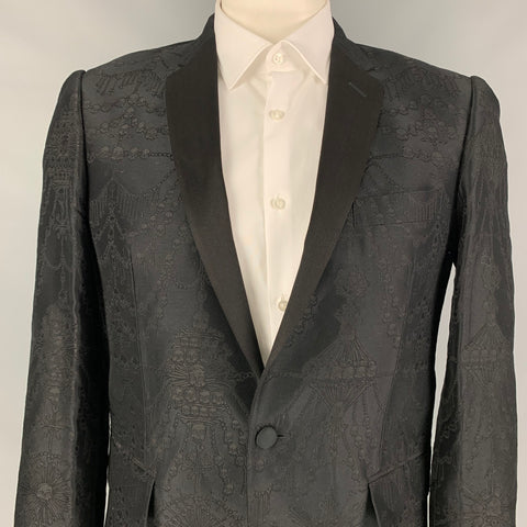 JOHN RICHMOND Size 42 Black Skulls Jacquard Cotton Blend Notch Lapel Sport Coat