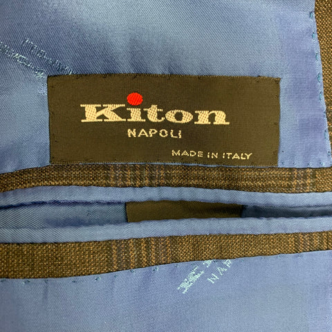 KITON Size 44 Brown Blue Plaid Cashmere Notch Lapel Suit