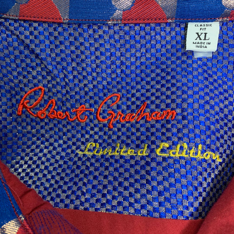 ROBERT GRAHAM Size XL Burgundy Embroidery Cotton Button Up Long Sleeve Shirt