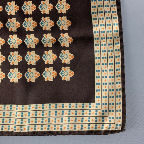 YVES SAINT LAURENT Brown Beige Abstrack Floral Silk Satin Pocket Square