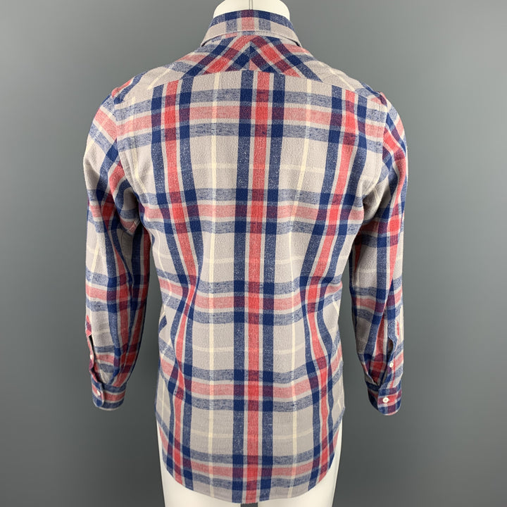 BILLY REID Camisa de manga larga con botones de algodón a cuadros gris y azul talla S