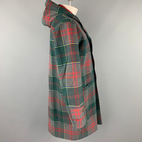 TRUSSARDI Size L Green & Red Plaid Leather Lined Hooded Coat