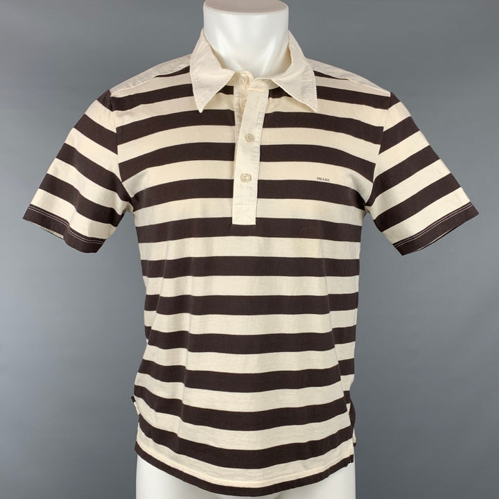 PRADA Size L Beige & Brown Stripe Short Sleeve Polo