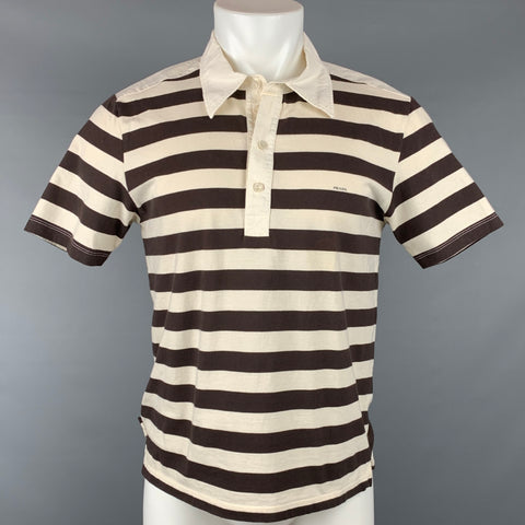 PRADA Size L Beige & Brown Stripe Short Sleeve Polo