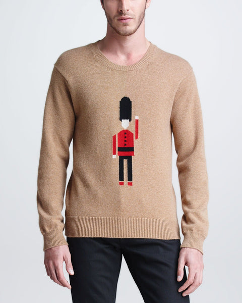 BURBERRY PRORSUM Pre-Fall 2013 Size L Tan & Red Graphic Cashmere Solider Guard Intarsia Crew-Neck Sweater