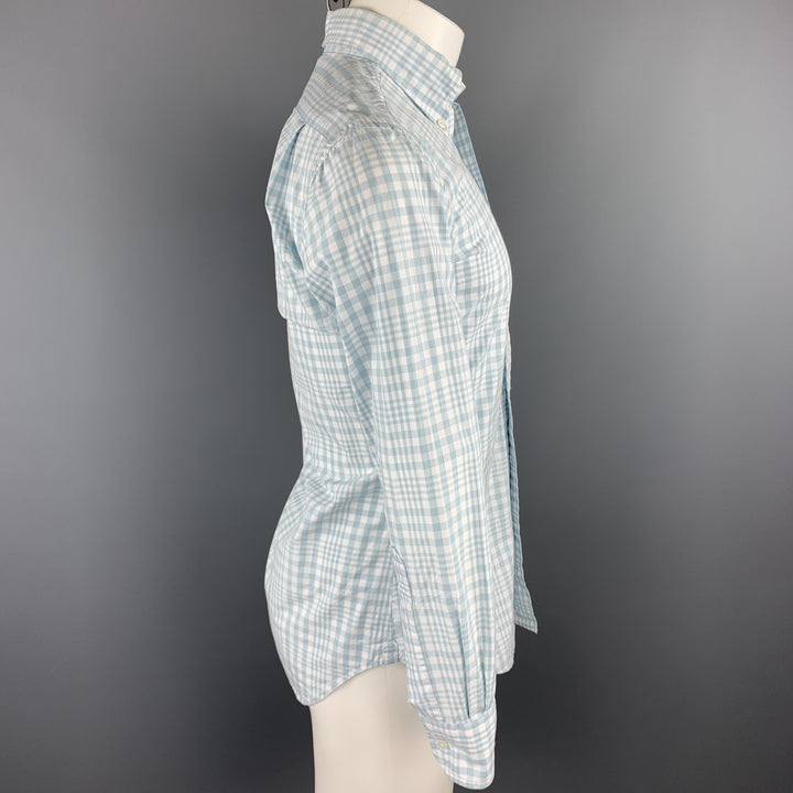 THOM BROWNE Size S White & Light Blue Plaid Cotton Button Down Long Sleeve Shirt