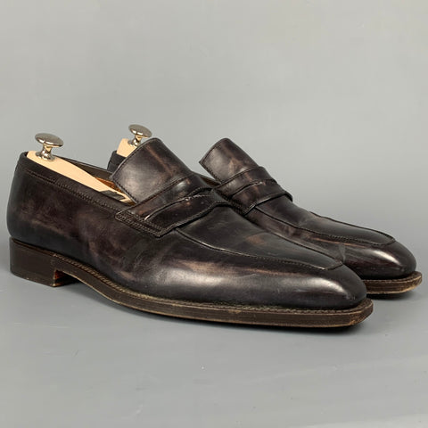 BONTONI Size 10 Black Distressed Leather Custom Loafers