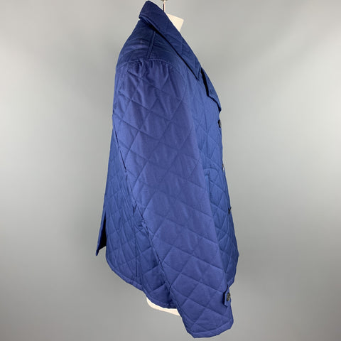 ISAIA Size 48 Royal Blue Quilted Cotton / Wool Double Breasted Peacoat