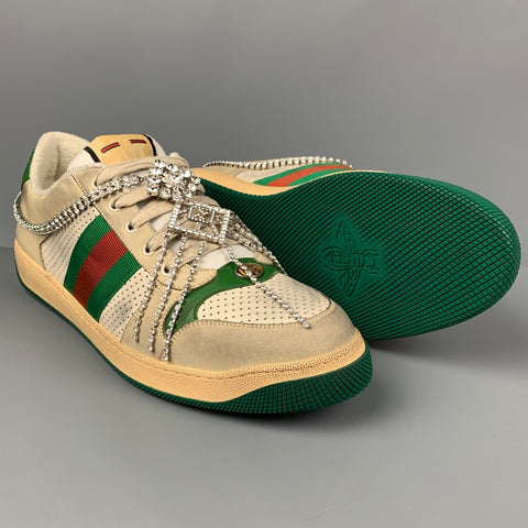 GUCCI Size 14 Off White Green Distressed Leather Crystal Screener Sneakers