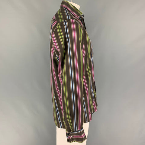 TED BAKER Size L Brown Multi-Color Stripe Cotton French Cuff Long Sleeve Shirt