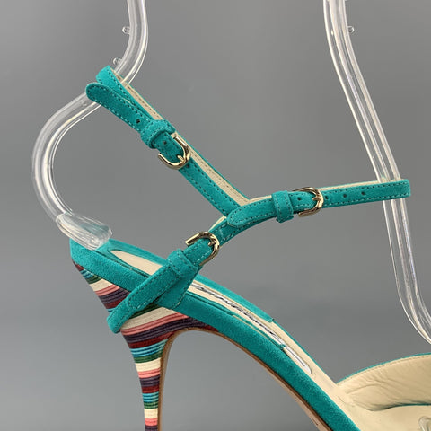 BRIAN ATWOOD 7.5 Sandalias TRIXIE de ante turquesa con tacón arcoíris y punta abierta