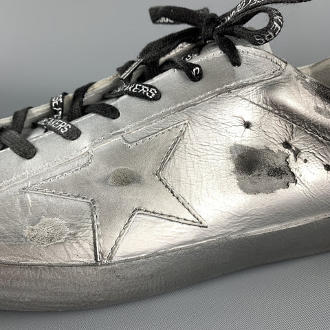 GOLDEN GOOSE SUPERSTAR RAY Size 10 Silver Metallic Leather Star Patch Lace Up Sneakers