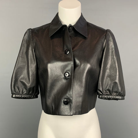RALPH LAUREN Black Label Taille 6 Veste boutonnée à manches courtes en cuir noir