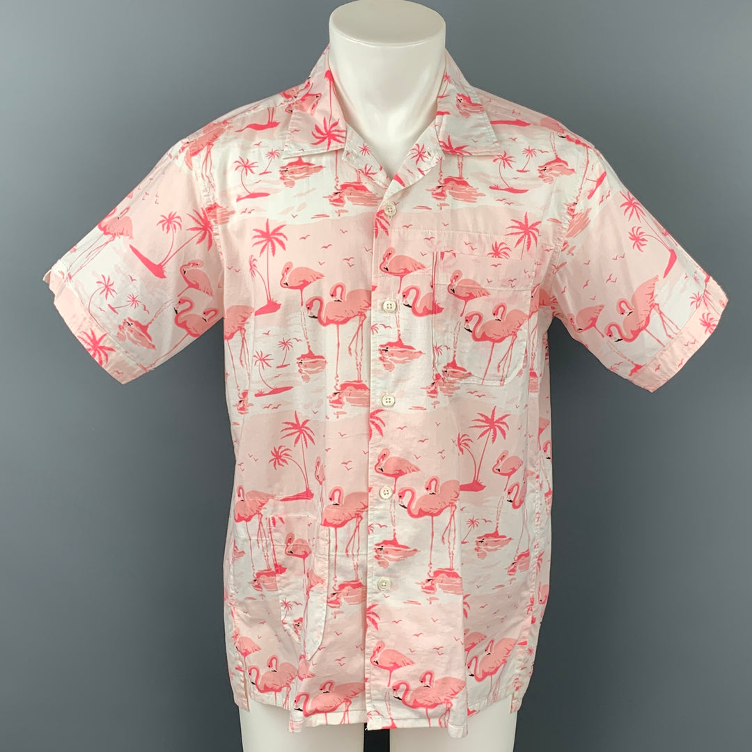 ENGINEERED GARMENTS Size M Pink & White Flamingo Print Cotton Camp Short Sleeve Shirt