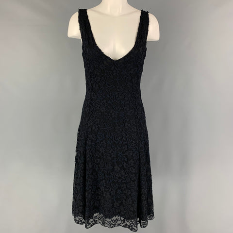 RALPH LAUREN Blue Label Size L Navy Nylon V-Neck Mid-Calf Dress