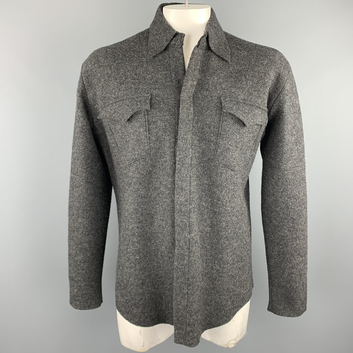 DANIEL CLEARY Size L Charcoal Textured Wool Hidden Snaps Long Sleeve Shirt