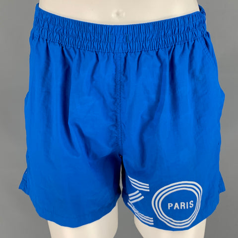 KENZO Size M Blue White Logo Nylon Elastic Waistband Swim Trunks