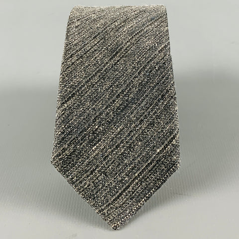 ERMENEGILDO ZEGNA Grey White Diagonal Stripe Linen Silk Tie