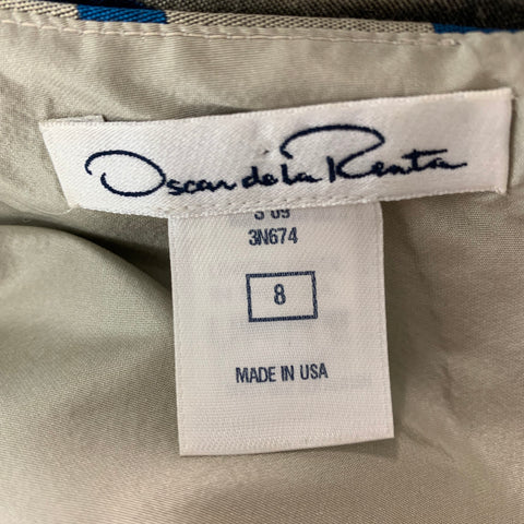 OSCAR DE LA RENTA Size 8 Taupe Blue Polyester Silk Print A-Line Cocktail Dress
