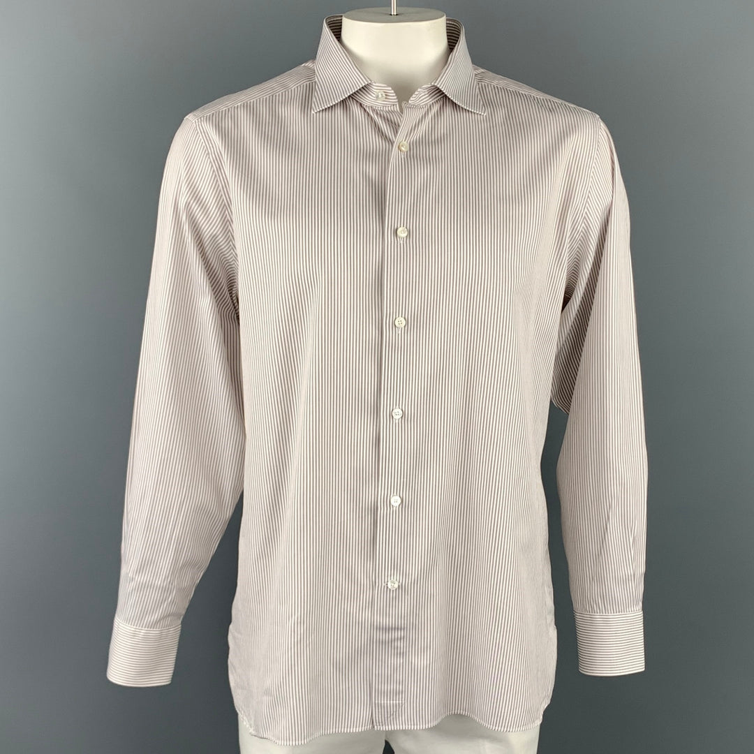 ERMENEGILDO ZEGNA Trofeo Size XXL White & Taupe Stripe Cotton Long Sleeve Shirt