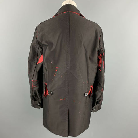 PRADA SS 2018 Size S Brown & Red Print CottonDouble Breasted Pea Coat