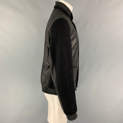 CALVIN KLEIN COLLECTION Size M Black Leather Canvas Bomber Jacket
