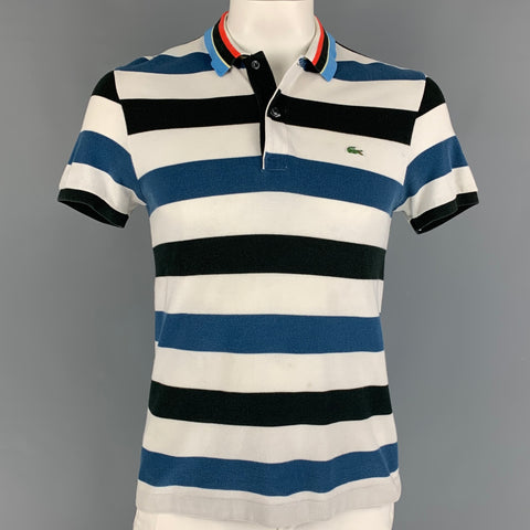 LACOSTE Size L White Blue Black Stripe Cotton Short Sleeve Polo