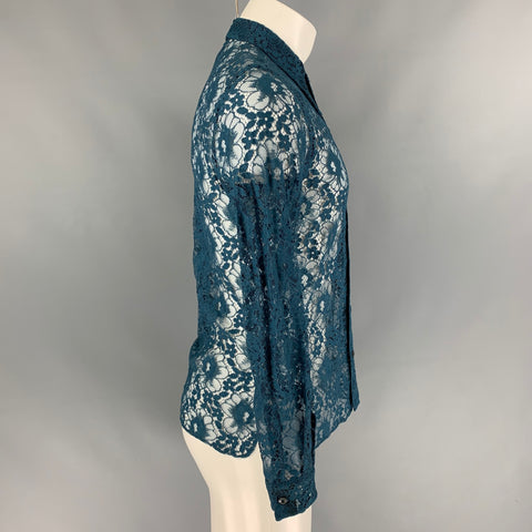 GUCCI S/S 16 Size XS Teal Sheer Lace Polyamide Blend Long Sleeve Shirt