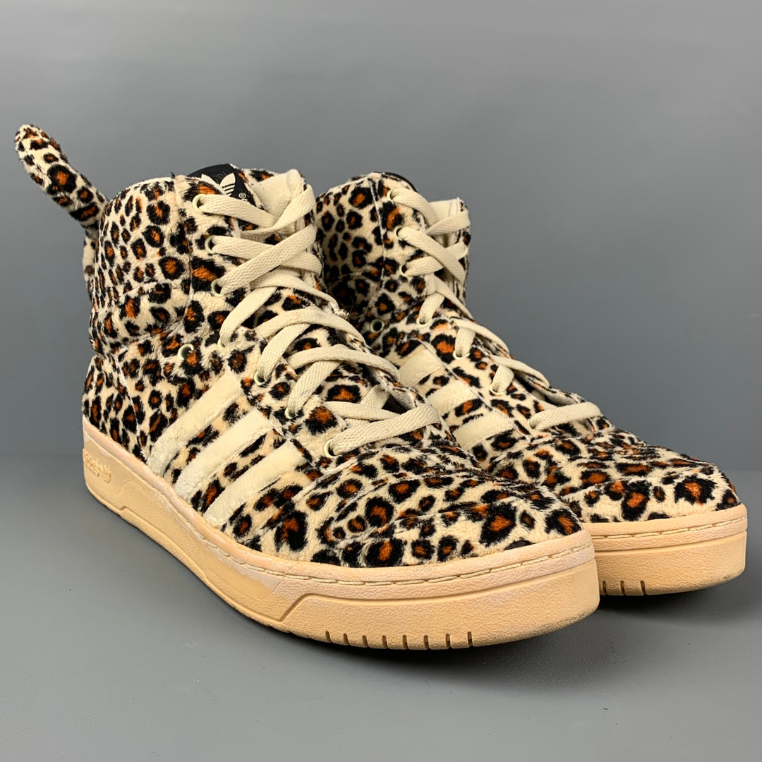 JEREMY SCOTT x ADIDAS Size 12 Beige Black Orange Animal Print Fabric High Top Sneakers