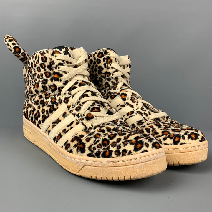 JEREMY SCOTT x ADIDAS Size 12 Beige Black Orange Animal Print Fabric High Top Sneakers