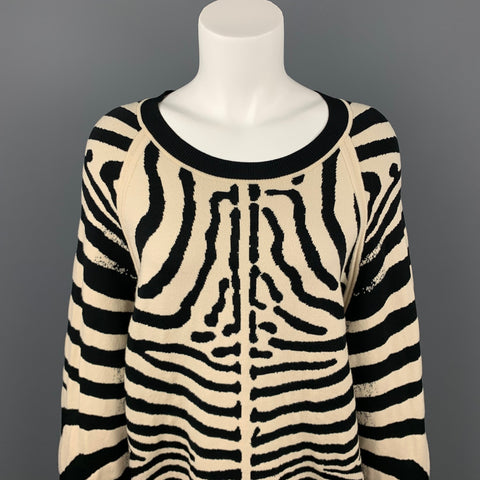 ALC Talla L Suéter tipo jersey con cuello redondo y estampado de cebra en negro y beige